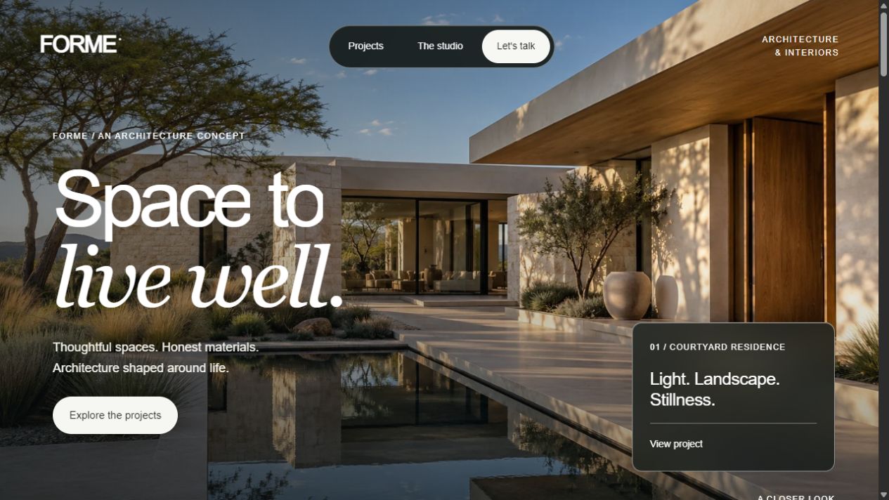The FORME homepage introduces a fictional courtyard residence. Architecture imagery is AI-generated.