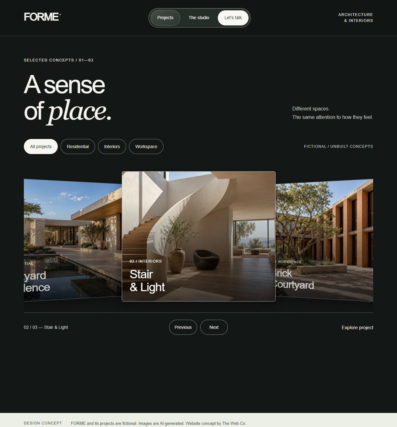 Category filters and a focused gallery connect three fictional architecture projects.