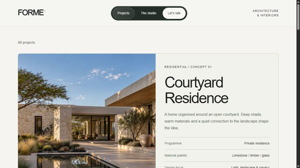 The Courtyard Residence page brings imagery, project context and a material palette together.