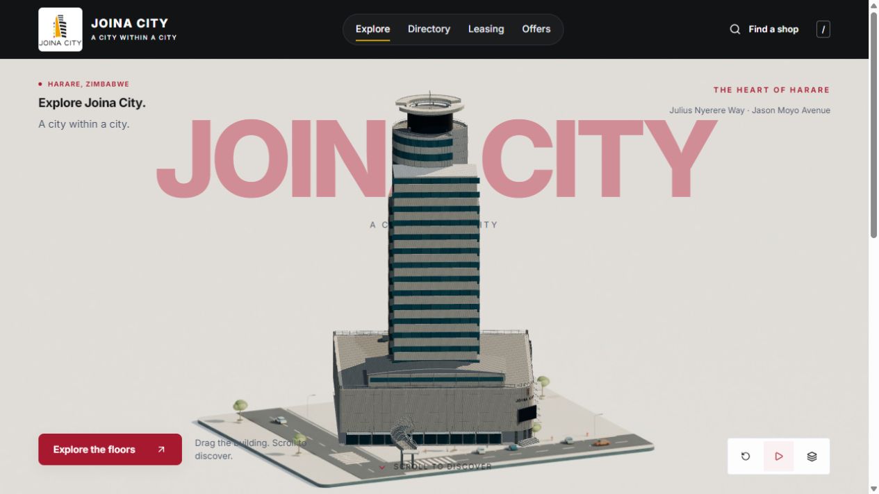 The interactive exterior introduces Joina City and the floor explorer.