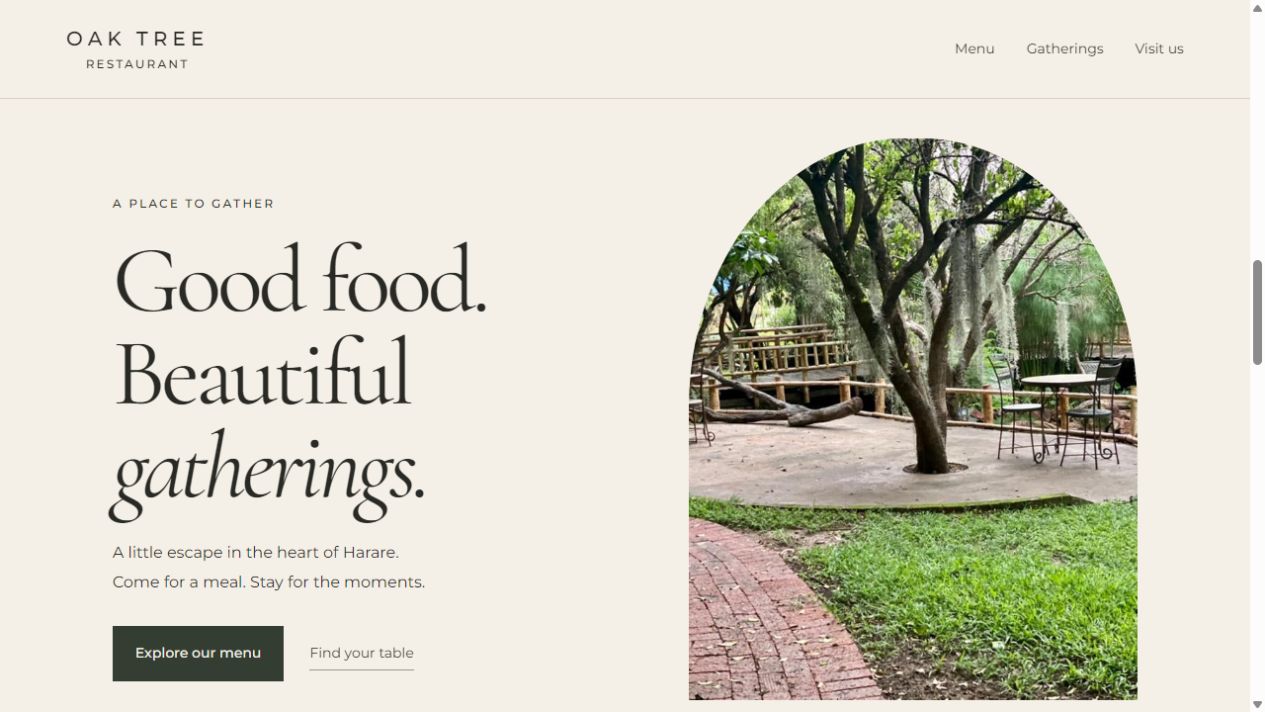 The restaurant landing page pairs welcoming typography with the garden setting.