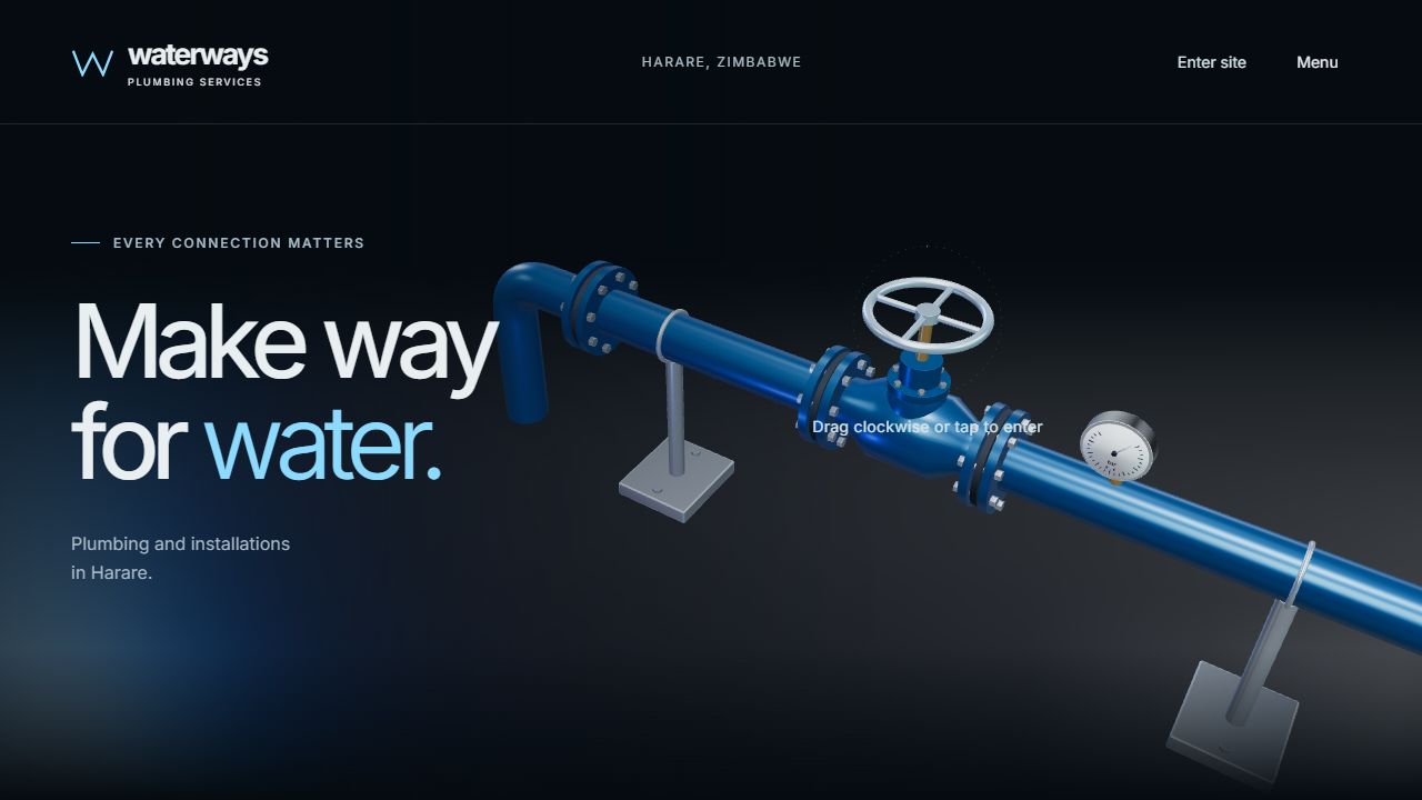 The pipe and valve introduce the Waterways visual direction.