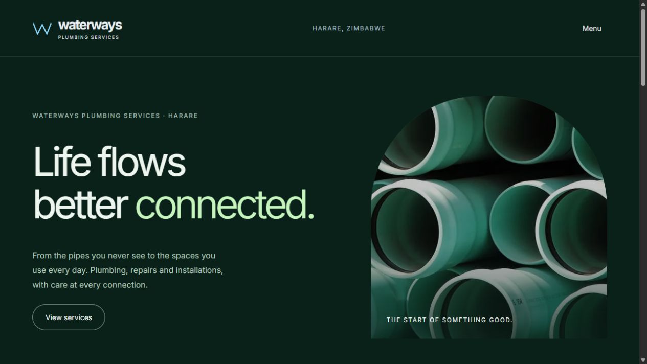 The homepage brings service information and contact actions into focus.